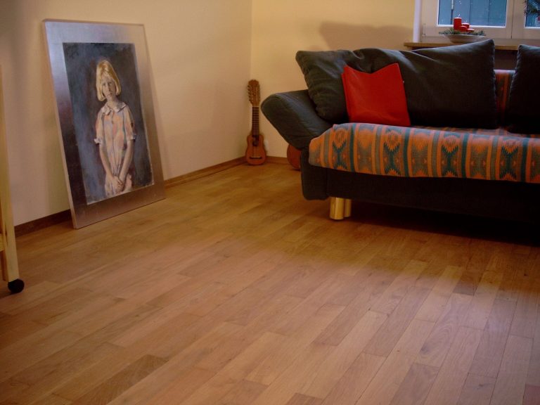 Holzboden mit Sofa, rotem Kissen und gerahmtem Porträt an der Wand.